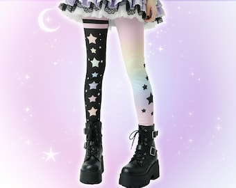 Pastel Goth Rainbow Stars Leggings, Cute Harajuku Alt Japanese Streetwear Decora Kei J fashion Starry Yami Kawaii Tights Colorful Emo Scene