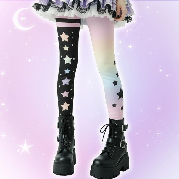 Pastel Goth Rainbow Stars Leggings, Cute Harajuku Alt Japanese Streetwear Decora Kei J fashion Starry Yami Kawaii Tights Colorful Emo Scene