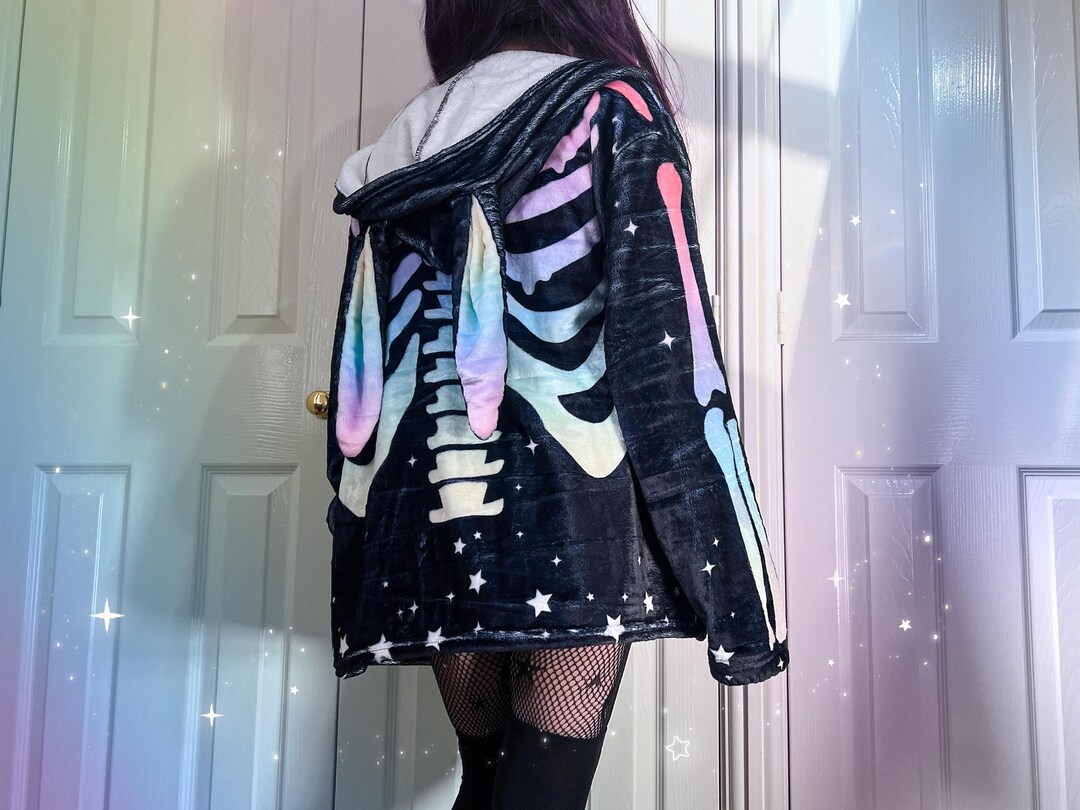 Rainbow Skeleton Hoodie Bunny Ears Jacket Fluffy Pastel Goth Rib Cage ...