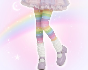 Yume Kawaii Pastel Rainbow Leggings, Colorful Striped Decora Kei Harajuku Leggings, Fairy Kei Cute Japanese Streetwear Tights, Soft Kidcore