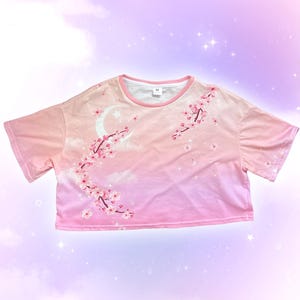 Yume Kawaii Pink Sakura Crop Top, Cotton Starry Harajuku Cherry Blossom Cropped Shirt, Cute Soft Aesthetic Japanese Streetwear Sparkle Stars