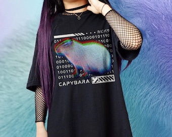 Glitch Capybara T-shirt, Japanese Aesthetic Cyberpunk Shirt, Gift for Capybara Lover, Geek Techwear Weirdcore Tshirt, 90s Retro Futuristic