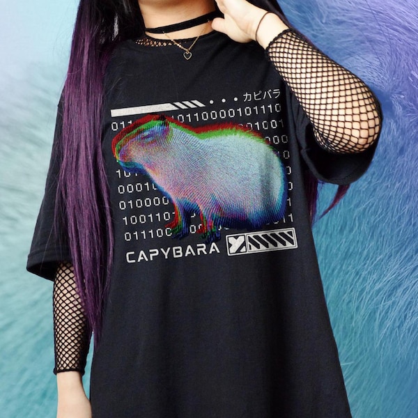 Glitch Capybara T-shirt, Japanese Aesthetic Cyberpunk Shirt, Gift for Capybara Lover, Geek Techwear Weirdcore Tshirt, 90s Retro Futuristic