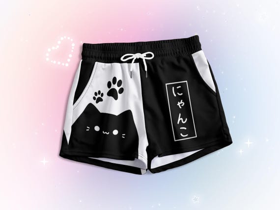 Harajuku Black Cat Shorts with Pockets, Kitty Pastel Goth Shorties, Yami Kawaii Clothing Creepy cute Japanese Streetwear Yamikawaii JFashion