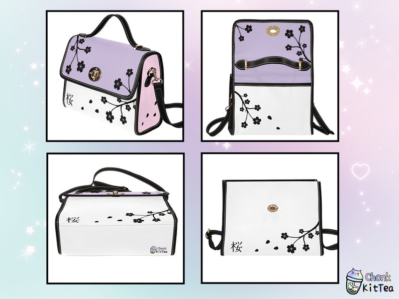 May include: A white and purple satchel handbag with a black strap and black floral print. The bag has a black top flap with a gold clasp and the text "桜" in black.