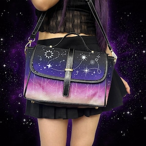 Mystic Sun Celestial Bag Twilight Sky Constellation Satchel Bag Kawaii Starry Galaxy Pastel Goth Crossbody Purse Purple Moon Star Witchy Bag