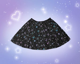 Colorful Constellation Skater Skirt Celestial Mystical Moon Stars Flare Skirt Yami Kawaii Harajuku Black Skirt Pastel Goth Aesthetic Clothes