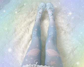 Tenshi Kaiwai Angel Tights (Various Colors), Harajuku Yume Kawaii Tights, Blue Fairy Kei Cute Japanese Streetwear Cutecore Lolita Decora Kei