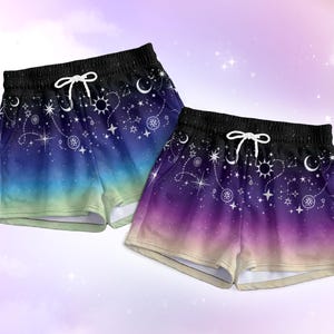 Celestial Space Shorts w/ Pockets, Cute Witchy Pastel Goth Galaxy Shorties Moon Star Yami Kawaii Clothing Starry Sky Constellation JFashion