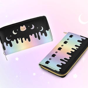 Pastel Goth Kawaii Cat Wallet, Drippy Yami Kawaii Rainbow Vegan Leather Wallet, Cute Harajuku Moon Phase Kitty Decora Kei Womens Wallet Gift