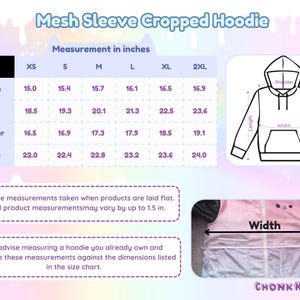 May include: A size chart for a mesh sleeve cropped hoodie, with measurements in inches. The chart includes length, width, shoulder, and sleeve dimensions for sizes XS to 2XL. A diagram illustrates the measurement points on the hoodie.