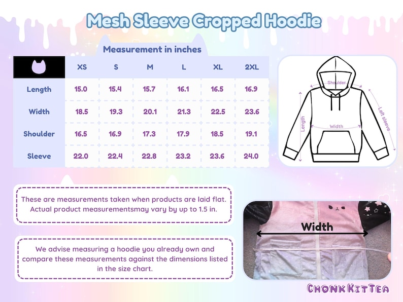 May include: A size chart for a mesh sleeve cropped hoodie, with measurements in inches. The chart includes length, width, shoulder, and sleeve dimensions for sizes XS to 2XL. A diagram illustrates the measurement points on the hoodie.