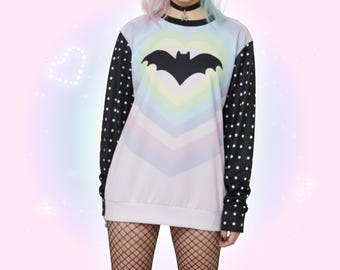 Pastel Goth Bat Wings Sweatshirt, Creepy Cute Hearts Harajuku Sweater, Menhera Yami Kawaii Jumper, Kawaiicore Decora Kei Japanese Streetwear