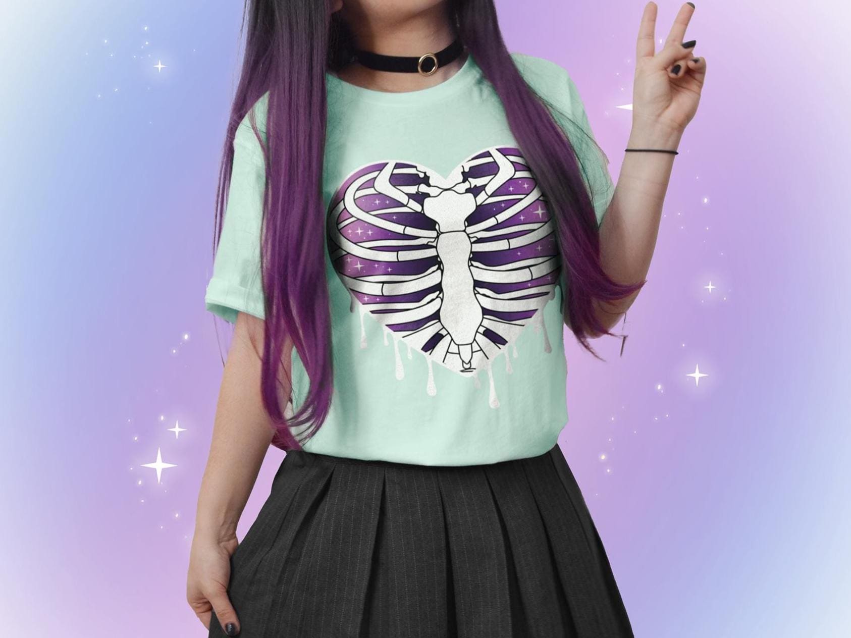Pastel Goth Drippy Rib Cage Shirt, Harajuku Yami Kawaii Zombie