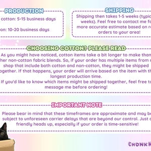May include: A pastel-colored graphic with text about production and shipping times. It includes a black cat peeking out from a cardboard box. The text also mentions cotton fabric blends and potential shipping delays.
