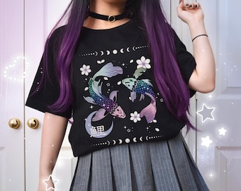 Space Koi Harajuku Shirt, Cute Fish Japanese Streetwear, Galaxy Moon Phase Celestial Tee, Starry Kawaii Aesthetic T-shirt for Japan Lovers