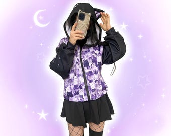 Harajuku Cat Ears Hoodie, Pastel Goth Lightweight Cat Print Jacket Yami Kawaii Kitty Rib Cage Hoody Cute Decora Kei Japanese Streetwear