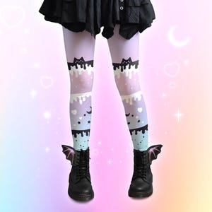 Drippy Pastel Goth Cat Leggings, Kitty Harajuku fashion, Creepy Cute Japanese Streetwear, Starry Yami Kawaii Tights Stars Hearts, Yamikawaii