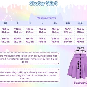 K&ouml;nnte beinhalten: Gr&ouml;&szlig;entabelle f&uuml;r einen Skaterrock, mit Ma&szlig;en in Zoll und Zentimetern. Die Tabelle enth&auml;lt Taillen- und L&auml;ngenma&szlig;e f&uuml;r die Gr&ouml;&szlig;en XS bis 4XL. Eine lila Skaterrock-Illustration ist abgebildet, mit dem Text "CHONK KITTEA".