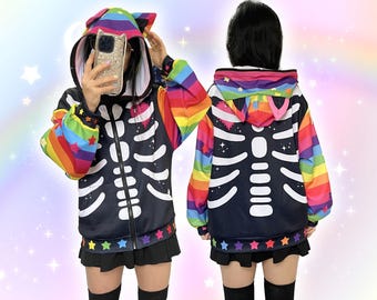 Harajuku Skeleton Cat Ears Hoodie, Lightweight Decora Kei Rib Cage Jacket, Pastel Goth Yami Kawaii Hoody Cute Visual Kei Japanese Streetwear