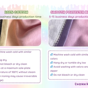 May include: Image showing fabric close-ups with care instructions. One section highlights 100% cotton fabric with a pink, peach, and white color scheme. The other section shows a smooth polyester blend in purple and white. The image includes washing instructions.