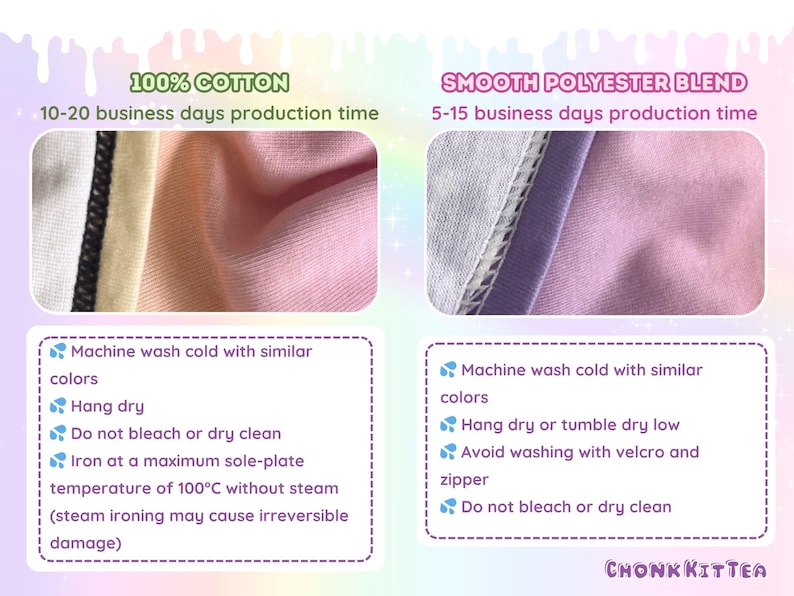 May include: Image showing fabric close-ups with care instructions. One section highlights 100% cotton fabric with a pink, peach, and white color scheme. The other section shows a smooth polyester blend in purple and white. The image includes washing instructions.