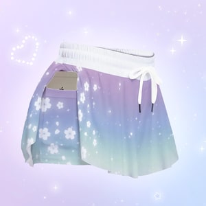 Fairy Kei Pastel Rainbow Sakura Skorts, Yume Kawaii Cherry Blossom Flower Shorts w/ Pockets, Japan Aesthetic Celestial Shorties, Cute Floral