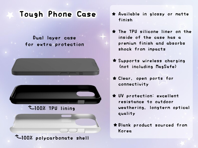 Op de afbeelding: Een stevige telefoonhoes met een tweelaags ontwerp voor extra bescherming. De hoes is gemaakt van een 100% polycarbonaat shell en een 100% TPU voering. Het is verkrijgbaar in glanzende of matte afwerkingen en ondersteunt draadloos opladen (exclusief MagSafe).