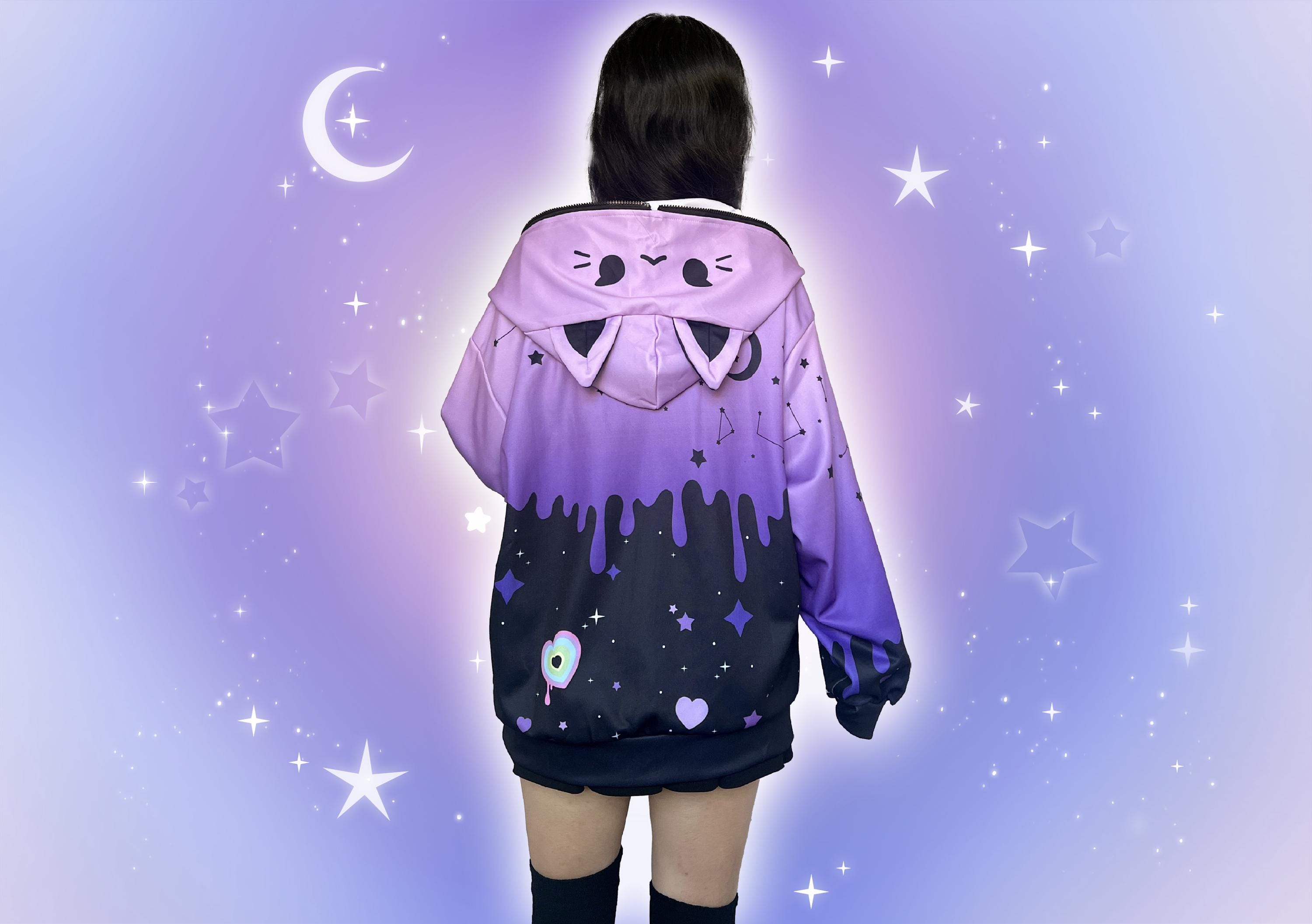 Purple Pastel Goth Cat Ears Hoodie, Lightweight Drippy Stars