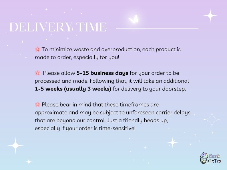 May include: A pink and purple background with white text that reads "DELIVERY TIME". The text explains that each product is made to order and that delivery takes 5-15 business days plus 1-5 weeks (usually 3 weeks).