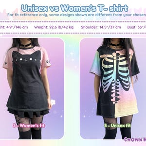 May include: Image comparing two t-shirts: one black with a cat design, the other black with a skeleton design. The text reads "Unisex vs Women's T-shirt" with measurements: Height 4'9"/146 cm, Weight 92.6 lb/42 kg, Shoulder 14.5"/37 cm, Bust 33"/84 cm.