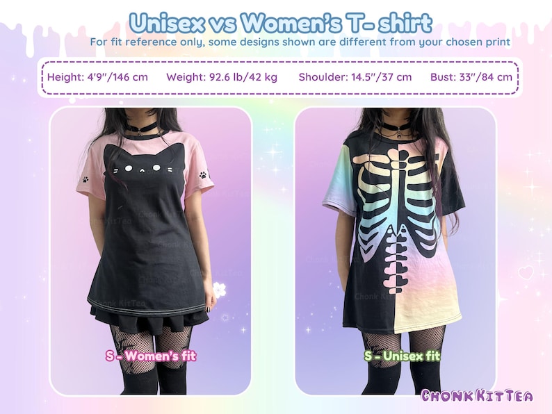 May include: Image comparing two t-shirts: one black with a cat design, the other black with a skeleton design. The text reads "Unisex vs Women's T-shirt" with measurements: Height 4'9"/146 cm, Weight 92.6 lb/42 kg, Shoulder 14.5"/37 cm, Bust 33"/84 cm.