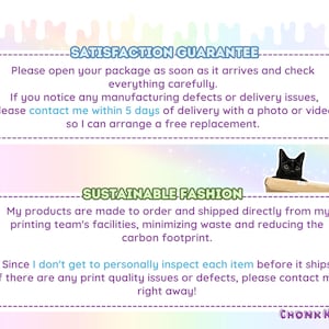 May include: A rectangular graphic with a pastel rainbow background featuring two purple-bordered text boxes. The top box is titled SATISFACTION GUARANTEE and the bottom box is titled SUSTAINABLE FASHION. A black cat peeks over a cardboard box.