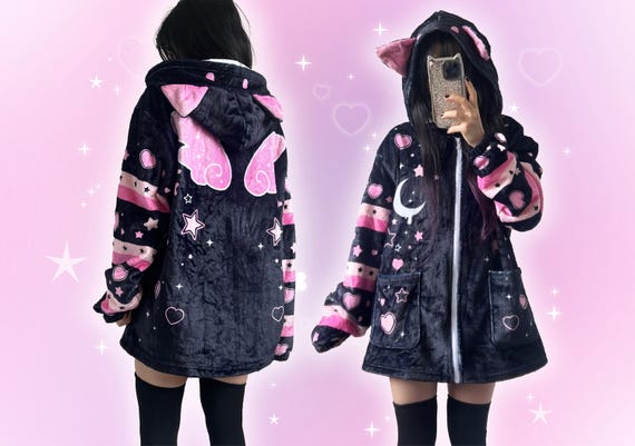 Fluffy Pastel Goth Cat Ears Jacket, Yami Kawaii Harajuku Bunny