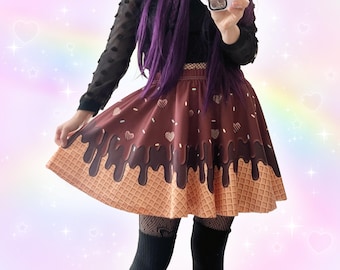 Kawaii Drippy Chocolate Skirt, Cute Harajuku Decora Kei Skater Skirt, Ice Cream Drip Waffle Cone Skirt, Pastel Goth Lolita Japanese Fashion