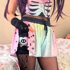 Rainbow Pastel Goth Skorts with Pockets, Celestial Yami Kawaii Skull Stretchy Alternative Shorts, Creepy Cute Alt Flowy Short Sport / Casual