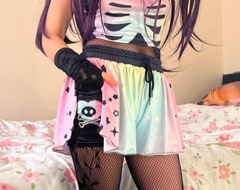 Rainbow Pastel Goth Skorts with Pockets, Celestial Yami Kawaii Skull Stretchy Alternative Shorts, Creepy Cute Alt Flowy Short Sport / Casual