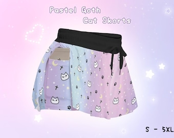 Harajuku Pastel Goth Moon Cat Skorts Celestial Yami Kawaii Shorts with Pockets Fairy Kei Starry Kitty Japan Aesthetic Decora Cute Shorties