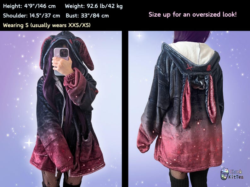 May include: A black and red ombre hoodie with bunny ears attached to the hood. The hoodie has a zipper closure and two pockets. The text "Size up for an oversized look!" is visible in the image.