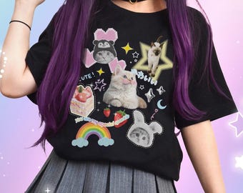 Kawaii Vintage Retro Cat Shirt, 2000s Y2K Aesthetic Kitten T-shirt, Soft Cutecore Kawaiicore Kitty T Shirt Funny Silly Japanese Streetwear