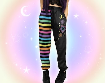 Rainbow Striped Pastel Goth Joggers, Decora Kei Womens Yami Kawaii Sweatpants, Alternative Harajuku Japanese Streetwear Cute Alt Japan Pants
