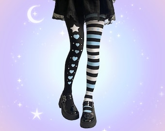 Pastel Goth Hearts Tights, Harajuku Striped Yami Kawaii Tights, Alternative J fashion Starry Yamikawaii, Star Colorful Stripes Emo Stockings