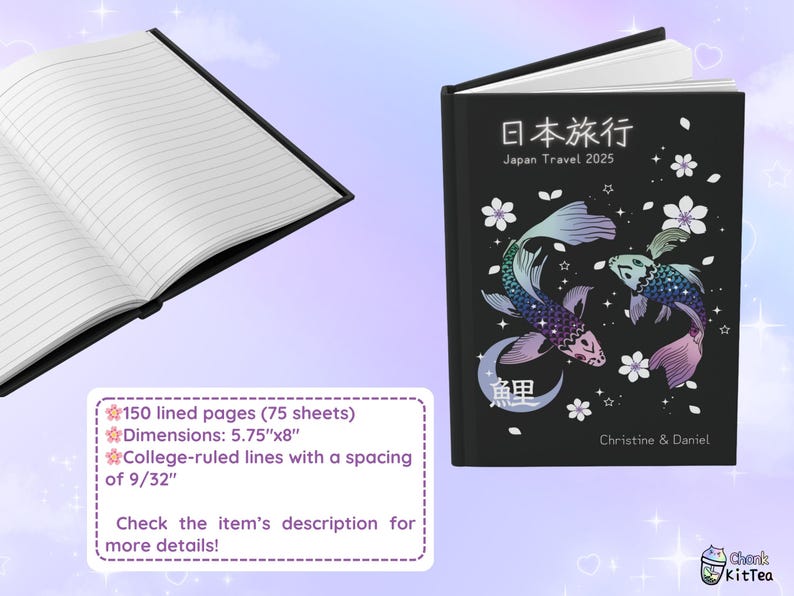 Personalized Japan Travel Journal Hardcover Koi Fish Custom Kawaii Traveler Notebook Japan Trip Planner Diary Couple Vacation Honeymoon Gift image 3