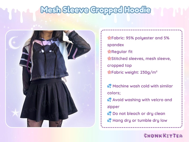 May include: Black cropped hoodie with mesh sleeves, featuring a cat design. The hoodie is paired with a black pleated skirt. The image includes the text "Mesh Sleeve Cropped Hoodie".