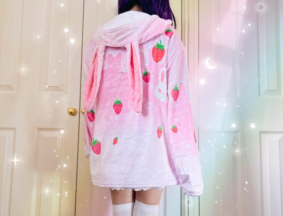 Strawberry Milk Bunny Ear Hoodie, Cozy Fairy Kei Pink Harajuku Jacket, Cute Rabbit Yume Kawaii Clothing Japanese Aesthetic JFashion Kidcore