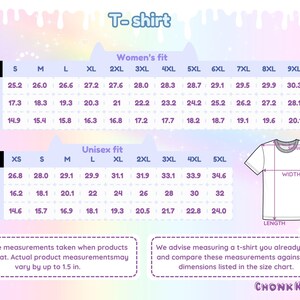 May include: A size chart for t-shirts, with measurements in inches for both women's and unisex fits. The chart includes length, width, and shoulder measurements for various sizes, from XS to 9XL.
