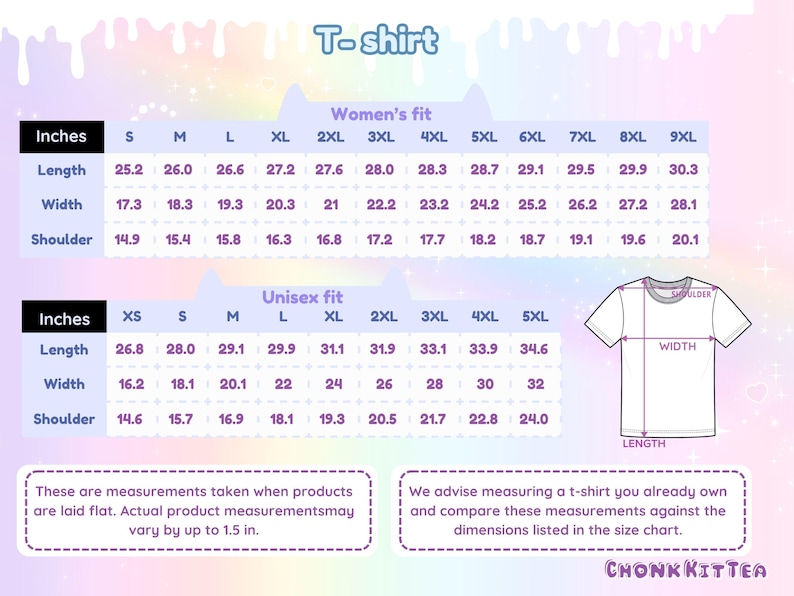 May include: A size chart for t-shirts, with measurements in inches for both women's and unisex fits. The chart includes length, width, and shoulder measurements for various sizes, from XS to 9XL.