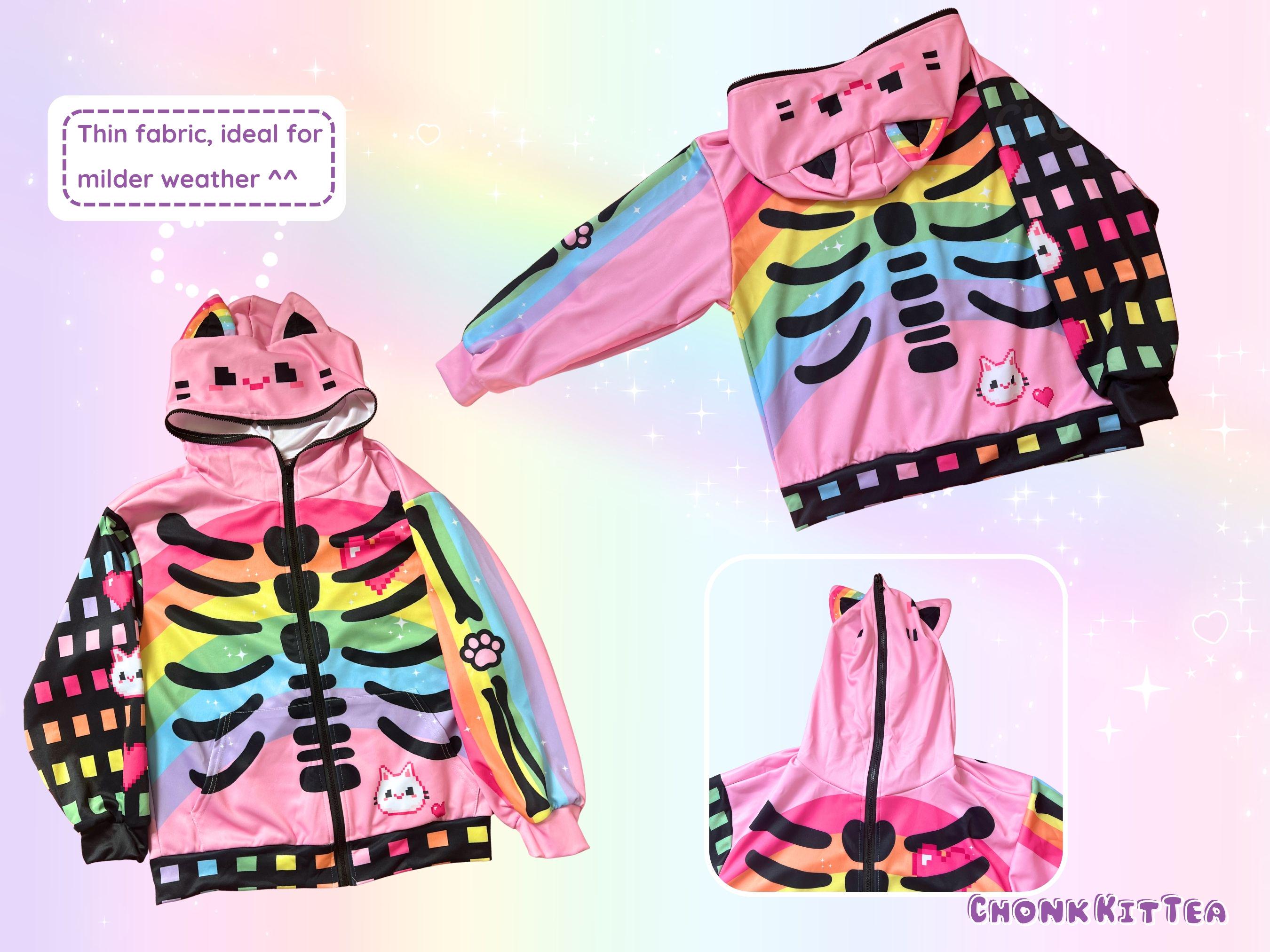 Che Rib Merch Cat Harajuku Gamer Cat Ears Hoodie, Pastel Goth Lightweight Skeleton Jacket ...