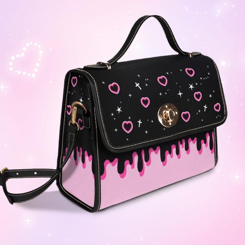 Pastel Goth Hearts Bag, Drippy Yami Kawaii Black Pink Purse, Cute