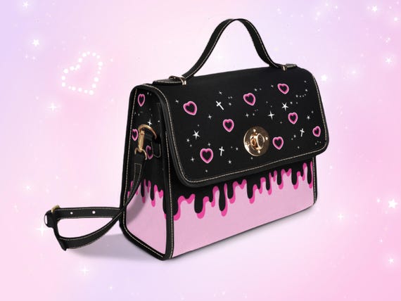 Pastel Goth Hearts Bag, Drippy Yami Kawaii Black Pink Purse, Cute Pastel Goth Hearts Bag, Drippy Yami Kawaii Black Pink Purse, Cute